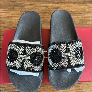 Salvatore Ferragamo Black and Silver Beaded Slide Sandals